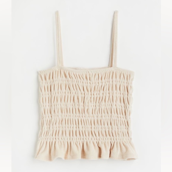 H&M Smocked Terry Camisole Top Beige Women’s Size Extra Small Ruffle Cropped - Picture 1 of 8